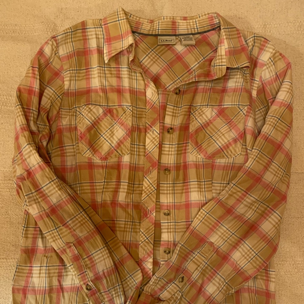 L.L. Bean Pink and Tan Plaid Button-Down Shirt